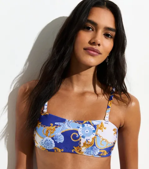 Women's Blue Treasure Print Bandeau Bikini Top