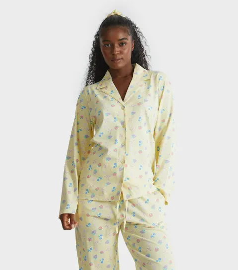 Women's Yellow Fruit Print Shirt and Trousers Pyjama Set