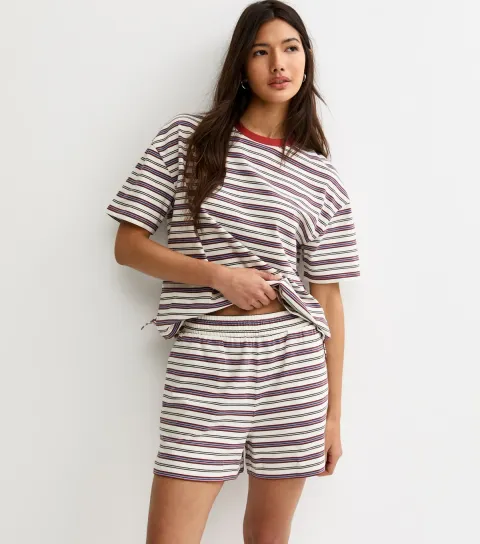 Women's Red and White Cotton Striped Jogger Shorts