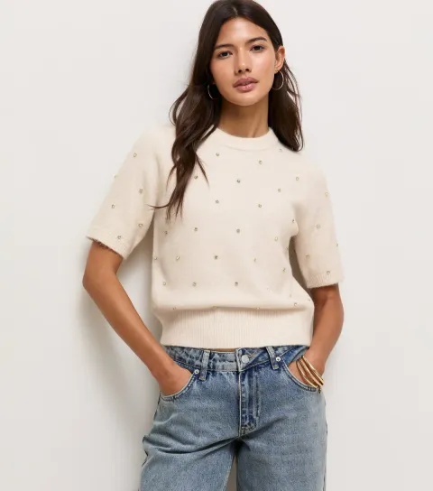 New Look Women's Oatmeal Diamante Studded Knitted T-Shirt