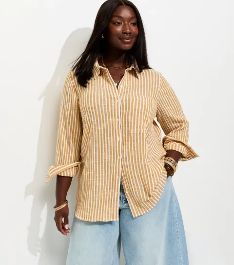 Women's Plus Size Yellow Cotton Striped Long Sleeve Shirt Curves