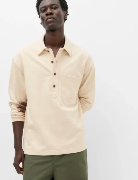 Marks & Spencer Pure Cotton Heavyweight Long Sleeve Polo Shirt Natural