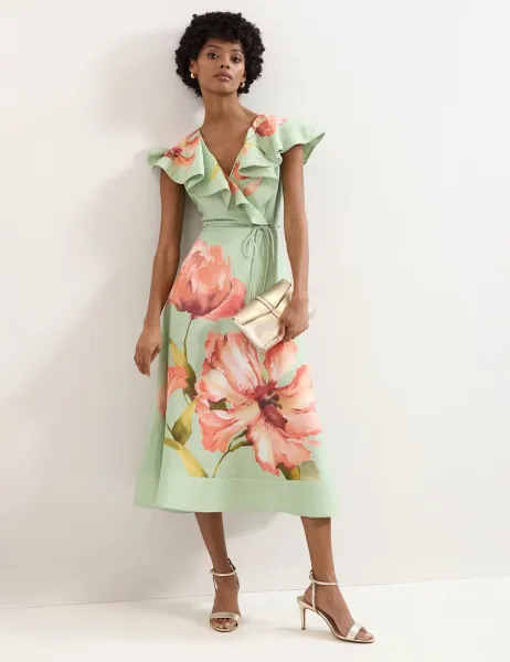 Phase Eight Linen Rich Floral V-Neck Midi Waisted Dress