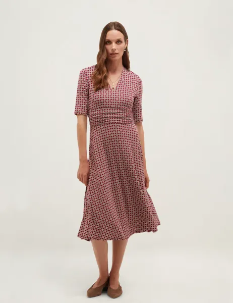 Jersey Printed V-Neck Midi Skater Dress Pink Mix