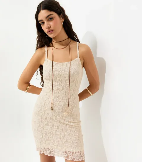Women's Cream Strappy Lace Mini Dress