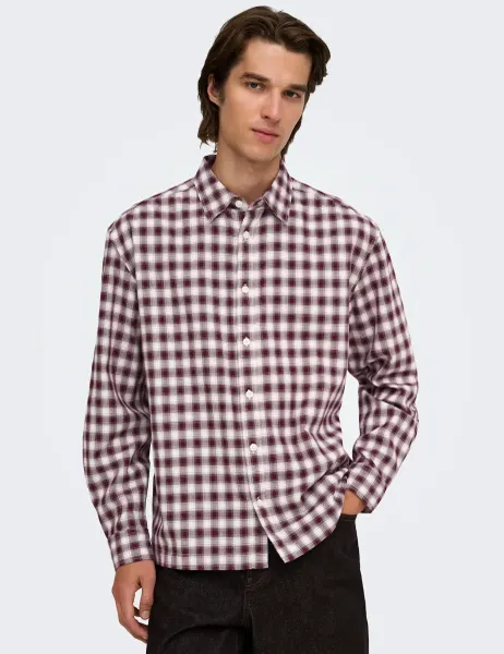 Only & Sons Regular Fit Brushed Cotton Checked Shirt Burgundy Mix