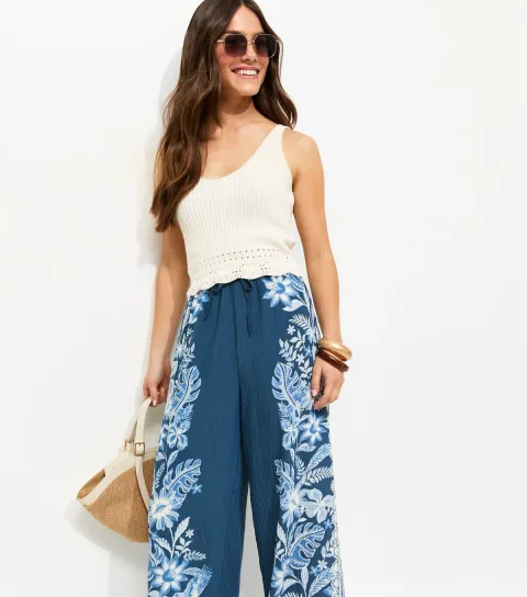 Women's Petite Blue Botanic Print Wide Leg Trousers