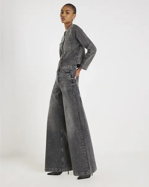 River Island High Rise Embellished Wide Leg Jeans