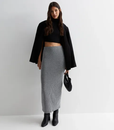 Women's Grey Ribbed Jersey Midi Skirt