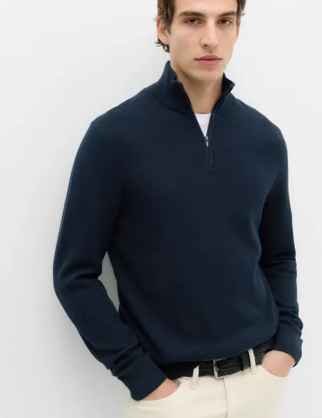 Marks & Spencer Pure Cotton Textured Half Zip Jumper Navy