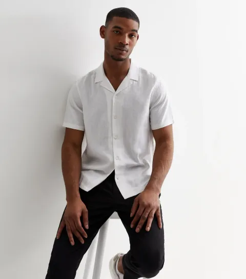 Men's White Linen Blend Short Sleeve Shirt
