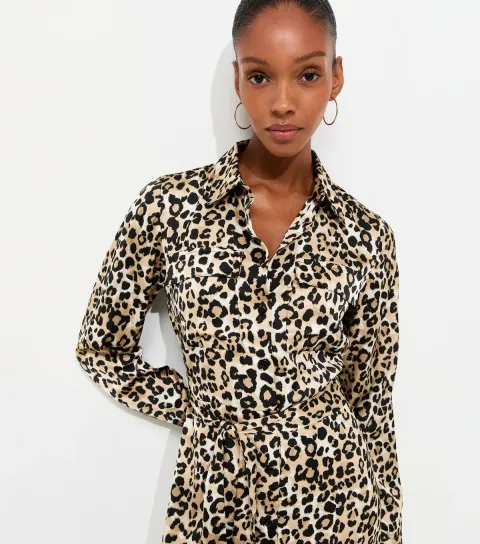 Women's Brown Leopard Print Satin Midi Shirt Dress