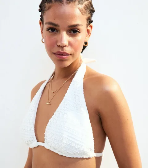 Women's White Crochet Halterneck Bikini Top