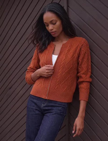 Roman Knitted Cable Cropped Bomber Jacket Dark Orange
