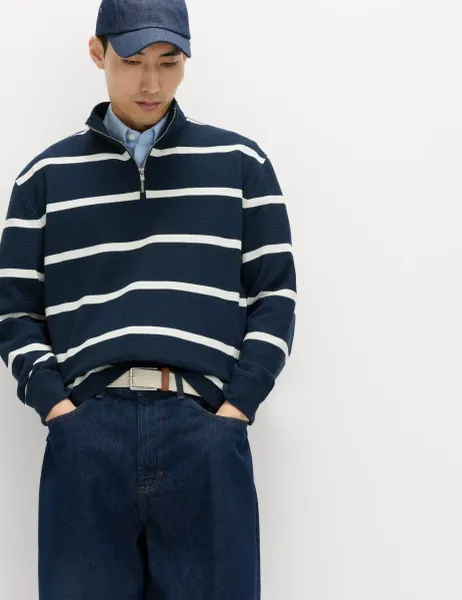 Marks & Spencer Cotton Rich Waffle Striped Half Zip Sweatshirt Navy