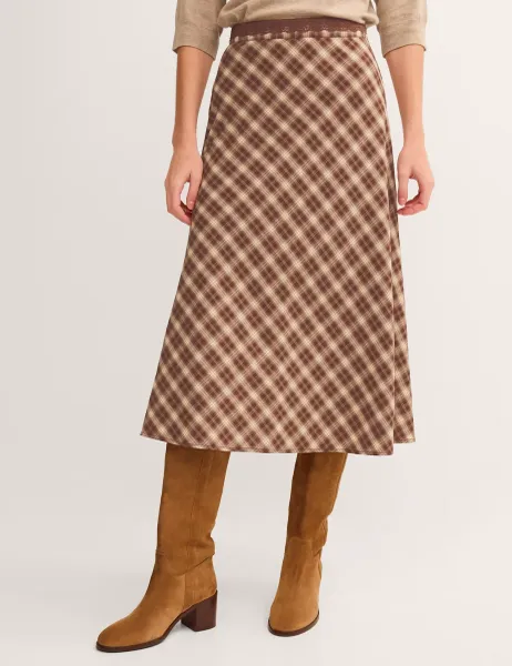 Monsoon Checked Lace Trim Midi A-Line Skirt Brown Mix