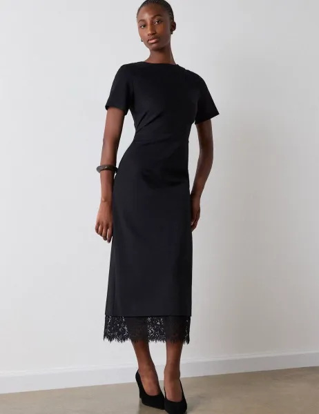 Whistles Detachable Lace Trim Midi T-Shirt Dress Black