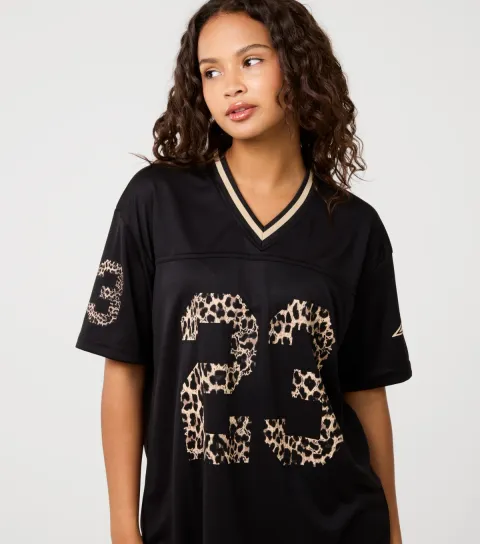 Women's Black Leopard Print Logo Football Top
