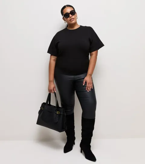Women's Plus Size Black Ruched Sides Corset Waist T-Shirt Curves