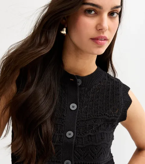 Women's Black Cotton Rich Crochet Look Knit Waistcoat