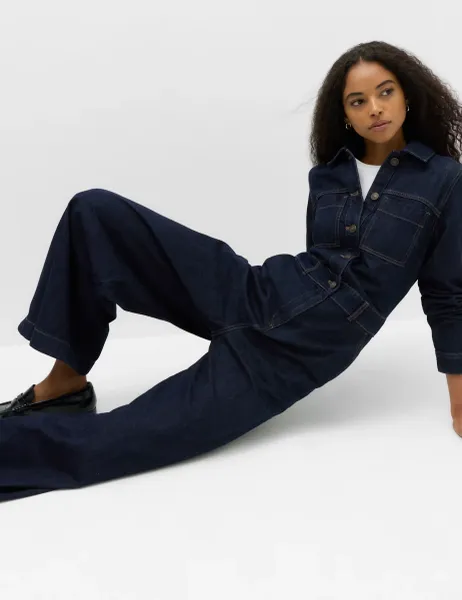 Marks & Spencer Denim Long Sleeve Wide Leg Jumpsuit Denim