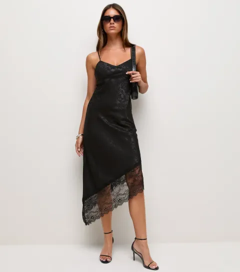 New Look Women's Black Satin Asymmetric Lace Trim Midi Dress