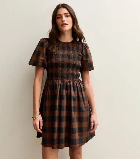 Women's Brown Check Shirred Bodice Mini Dress
