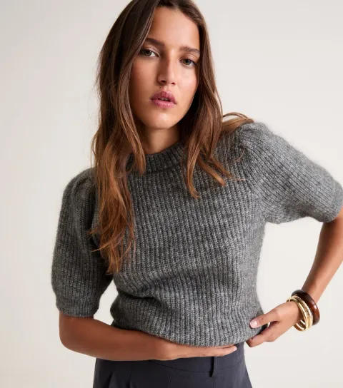 New Look Women's Premium with Mohair Grey Ribbed Knit Short Sleeve Top