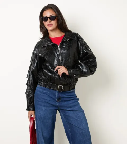 Blue Vanilla Women's Black Woven Faux Leather Biker Jacket