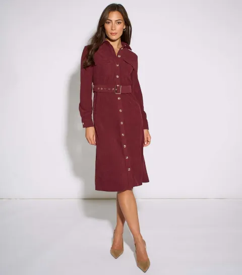 Gini London Women's Dark Red Corduroy Belted Shirt Midi Dress