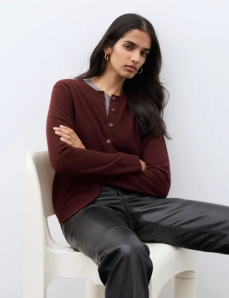Autograph Pure Cashmere Crew Neck Button Front Cardigan Dark Burgundy