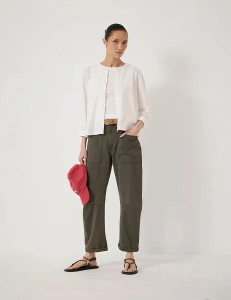 HUSH Cordi Cotton Rich Barrel Leg Trousers Khaki