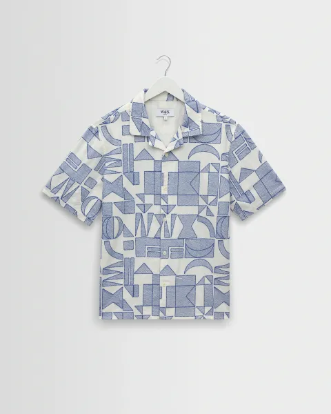 Didcot - Ecru and Blue Geometric Embroidered Short-Sleeve Shirt