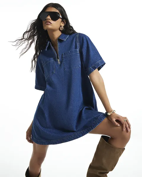 River Island Denim Zip Front Mini Shirt Dress