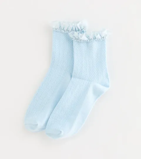 Light Blue Cable Frill Trim Socks