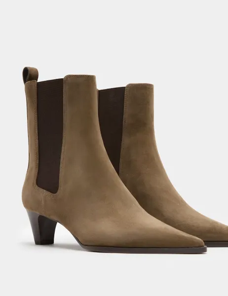 Marks & Spencer Suede Chelsea Block Heel Pointed Boots Khaki