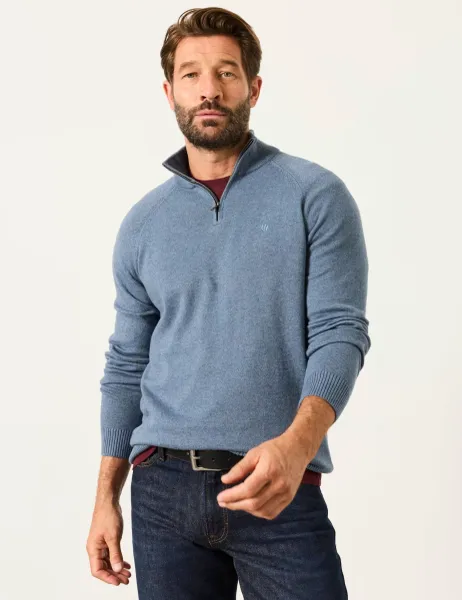 FatFace Cotton Rich Half Zip Jumper with Cashmere Blue Denim