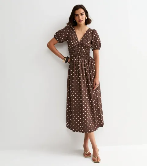Women's Brown Polka Dot Ruched Waist Midi Dress