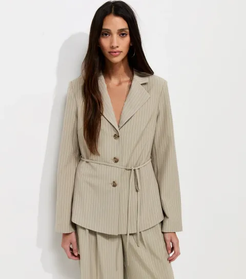 Women's Brown Striped Tie Waist Blazer