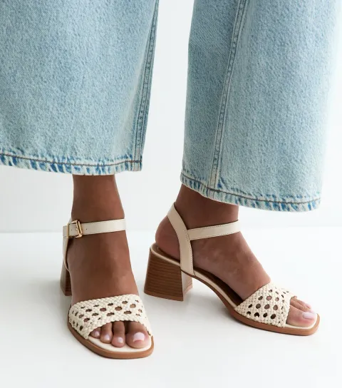 Women's White Faux Leather Woven Strap Block Heel Sandals Vegan