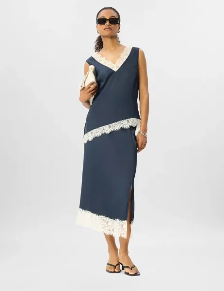 Whistles Satin V-Neck Lace Detail Cami Top Navy Mix