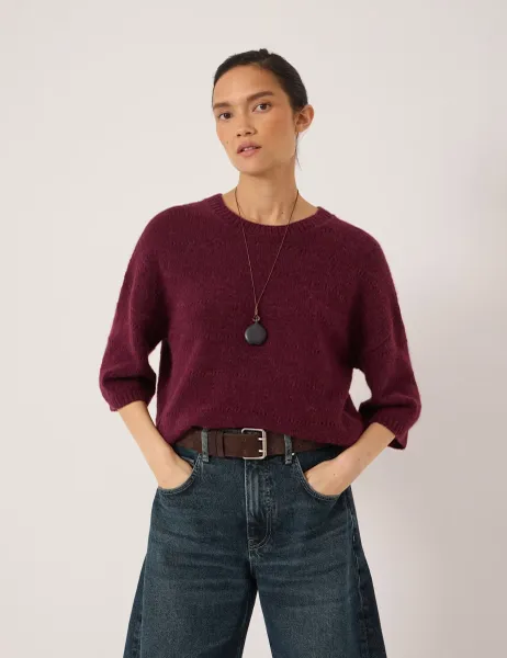 HUSH Alpaca Blend Pointelle Crew Neck Jumper Dark Burgundy