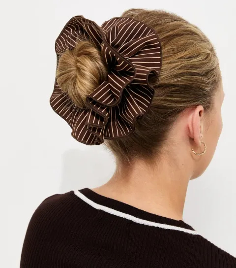 Brown Striped Ruffle Scrunchie