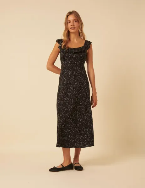 Nobody's Child Polka Dot Ruffle Neck Midi Slip Dress Black