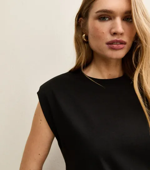 Women's Black Cotton Shoulder Pad Tank Tank Top