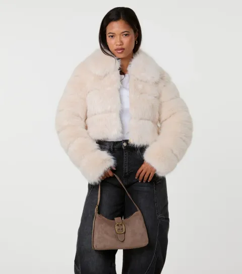 Women's Cream Faux Fur Cropped Coat