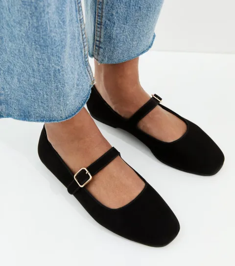 Women's Black Faux Suede Mary Jane Ballet Flats Vegan
