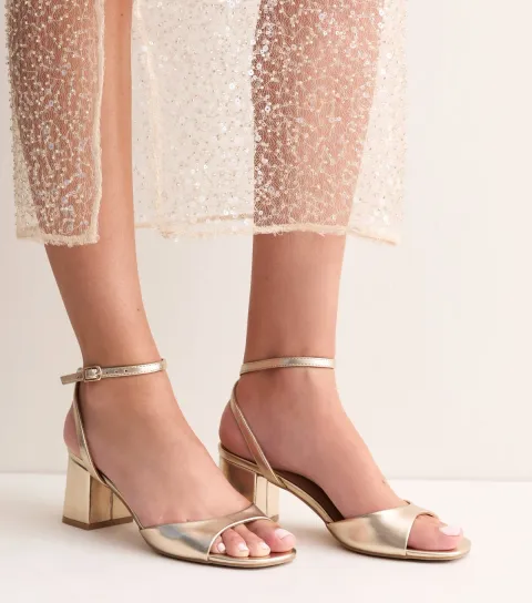 New Look Women's Gold Faux Leather Block Heel Sandals Vegan