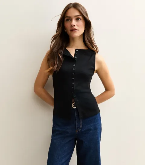 Women's Petite Black Button Through Tank Top