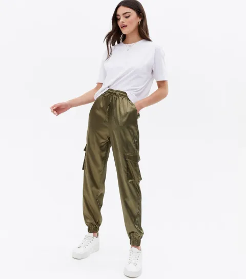 New Look Women's Khaki Satin Tie Waist Cargo Joggers